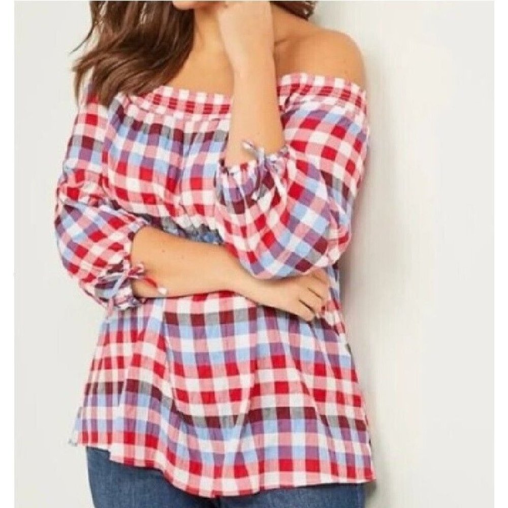Lane Bryant‎ Crinkle Off The Shoulder Plaid Blouse Patriotic USA 14/16 July 4th